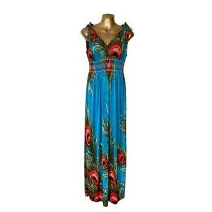 NWOT Turquoise Peacock Maxi Summer Dress | Versatile Festival Carnival Beachwear